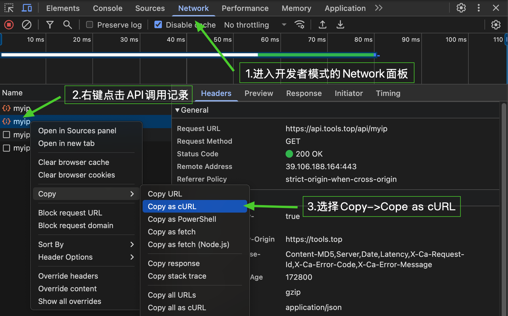 Copy a cURL command from your browser
